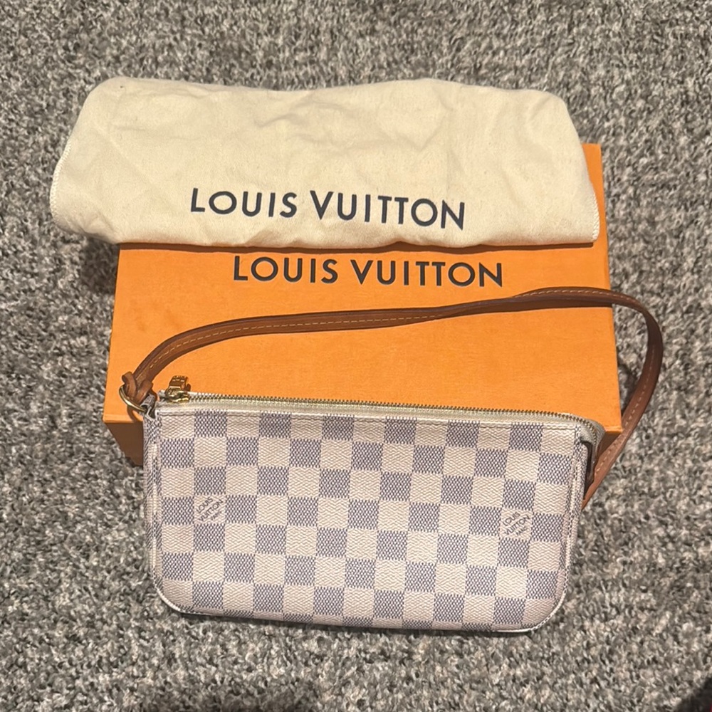 Louis Vuitton Damier Azur Wristlet with Tan Strap
